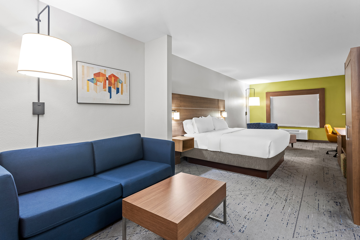 Spacious hotel guest room layout